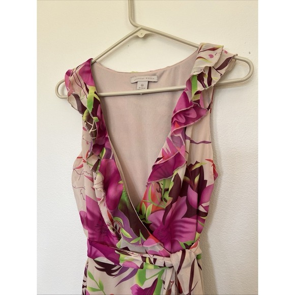 Jonathan Martin Dress Women Size 6 Floral Ruffle Deep V Neck Tie Waist - Picture 2 of 9